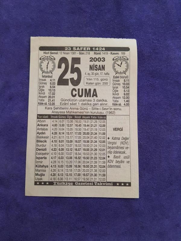 25 Nisan 2003 Takvim Yaprağı - Nostaljik Koleksiyonluk Takvim Yaprağı - Image 1