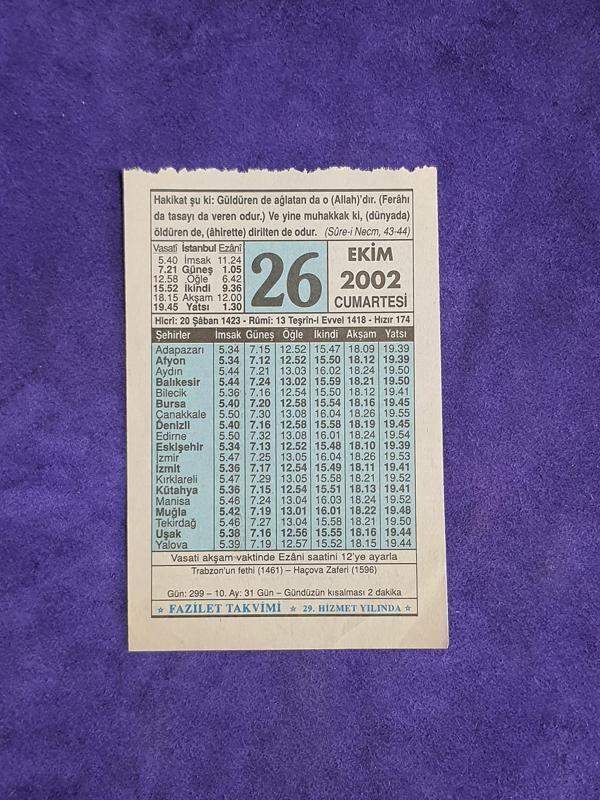 26 Ekim 2002 Takvim Yaprağı - Nostalji Koleksiyonluk Takvim Yaprağı  - Image 1