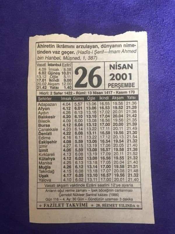 26 Nisan 2001 Takvim Yaprağı - Nostalji Koleksiyonluk Takvim Yaprağı - Image 1