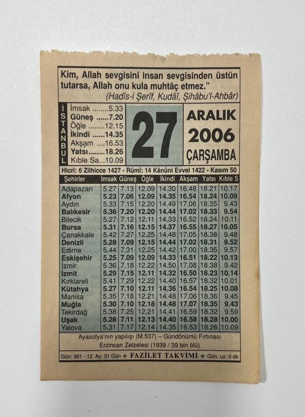 27 Aralık 2006 Takvim Yaprağı - Nostaljik Koleksiyonluk Takvim Yaprağı - Image 1
