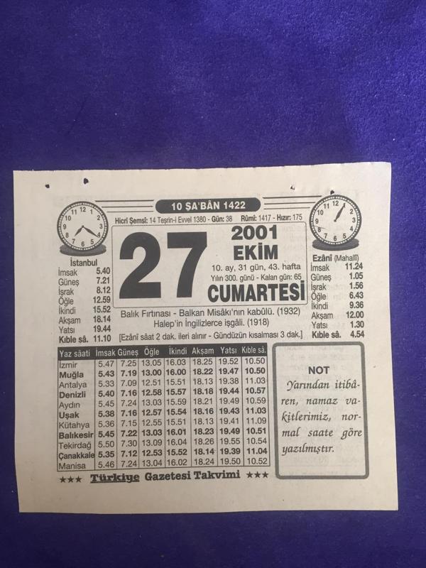27 Ekim 2001 Takvim Yaprağı - Nostalji Koleksiyonluk Takvim Yaprağı B - Image 1
