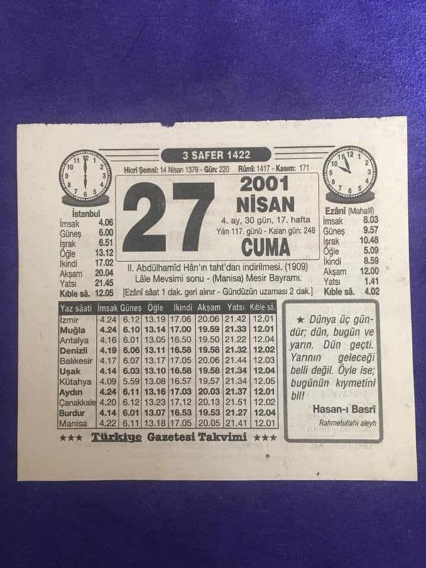 27 Nisan 2001 Takvim Yaprağı - Nostalji Koleksiyonluk Takvim Yaprağı B  - Image 1