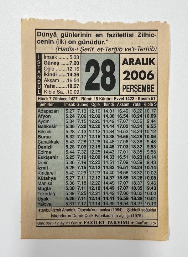 28 Aralık 2006 Takvim Yaprağı - Nostaljik Koleksiyonluk Takvim Yaprağı - Image 1