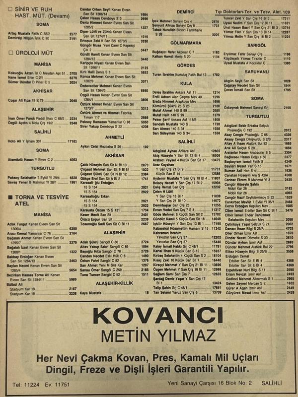 Manisa 1987 Meslek Reklam İlanı Efemera S-109 - Image 1