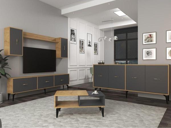 Cantek Dizayn Zeuss 180 Cm Tv Ünitesi, Konsol(Kx180) Ve Orta Sehpa Salon Takımı Safirmeşe-Antrasit - Image 1