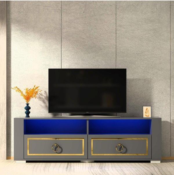 Cantek Dizayn Calvin Led Aydınlatmalı ,Spot Işıklı Tv Sehpası (Alt Modül) Antrasit-Altın - Image 1