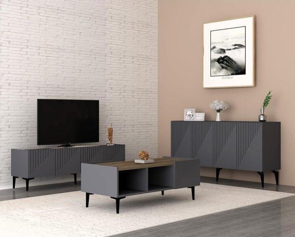 Cantek Dizayn Draw Tv Sehpası , Konsol Ve Orta Sehpa 3'Lü Salon Takımı Antrasit-Ceviz - Image 1
