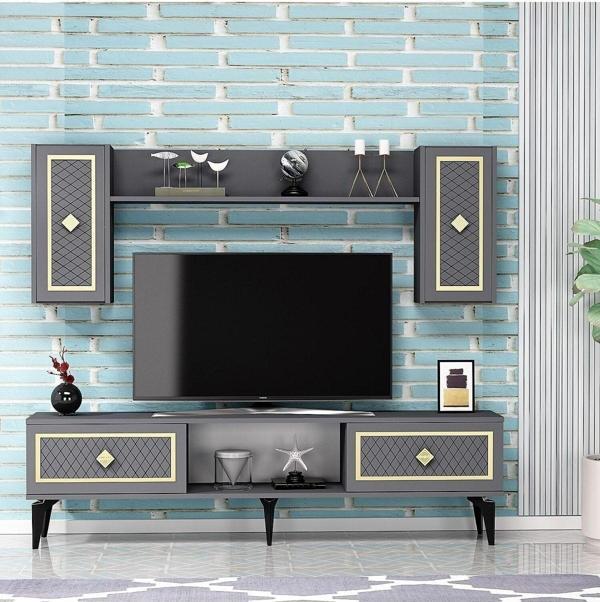 Cantek Dizayn Heerry Tv Ünitesi Takım Antrasit-Altın - Image 1