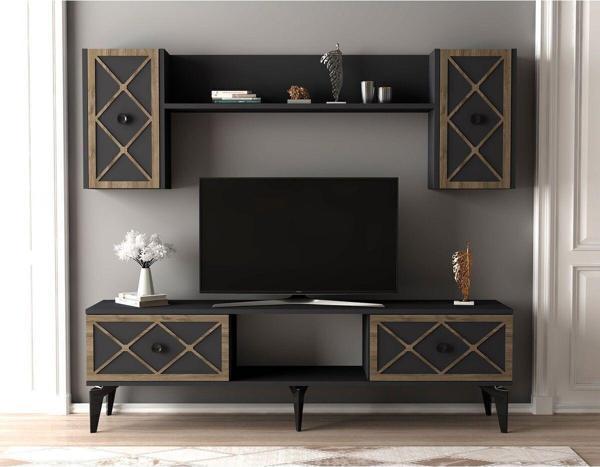 Cantek Dizayn Helen Tv Ünitesi Takımı Antrasit-(Ceviz Desen) - Image 1
