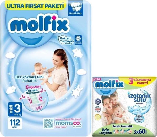 Molfix Bebek Bezi Beden:3 (4-9Kg) Midi 112 Adet Ultra Fırsat Pk+3 Adet Islak Mendil - Image 1