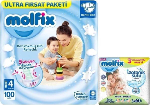 Molfix Bebek Bezi Beden:4 (7-14Kg) Maxi 100 Adet Ultra Fırsat Pk+3 Adet Islak Mendil - Image 1