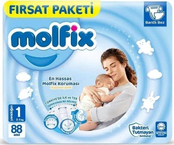 Molfix Yenidoğan 1 Numara 2-5 Kg 88 Adet Bantlı Bebek Bezi Fırsat Paketi - Image 1