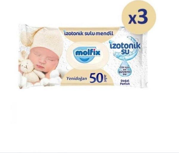 Molfix Yenidoğan İzotonik Sulu Doğal Pamuk Islak Havlu Mendil 3Lü 150 Yaprak - Image 1