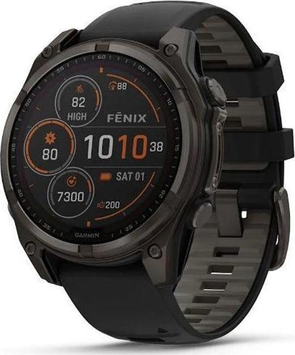 Garmin Fenix 8 - 47 mm, Solar, Sapphire - Karbon Gri DLC Titanyum, Siyah/Gri Silikon Kayışlı - Image 1