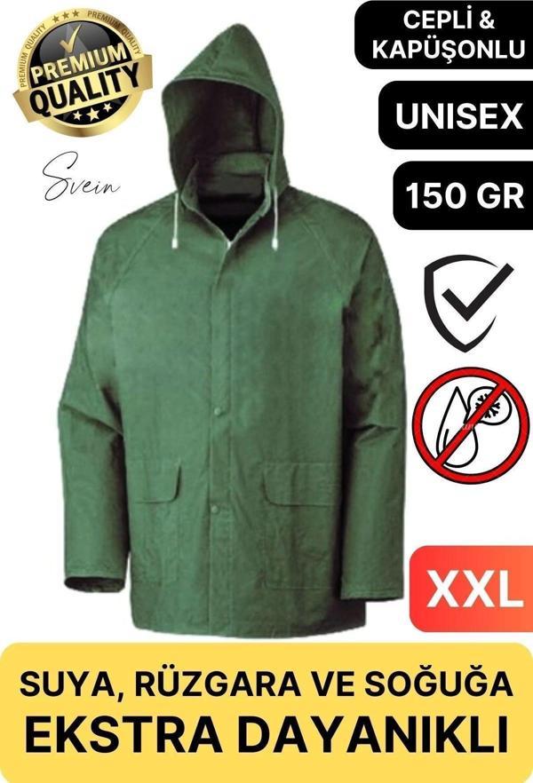 Premium Yeşil Xxl 150 gr Kapüşonlu Cepli Yağmurluk Su Rüzgar Soğuk Geçirmez Unisex Çıtçıtlı Pardösü - Image 1