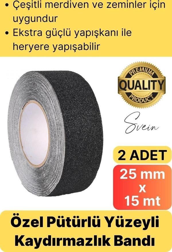Premium 2 Adet 25mm x 15mt Siyah Kaydırmaz Bant Yapışkanlı Merdiven Basamak Zemin Güçlü Tutunabilen - Image 1