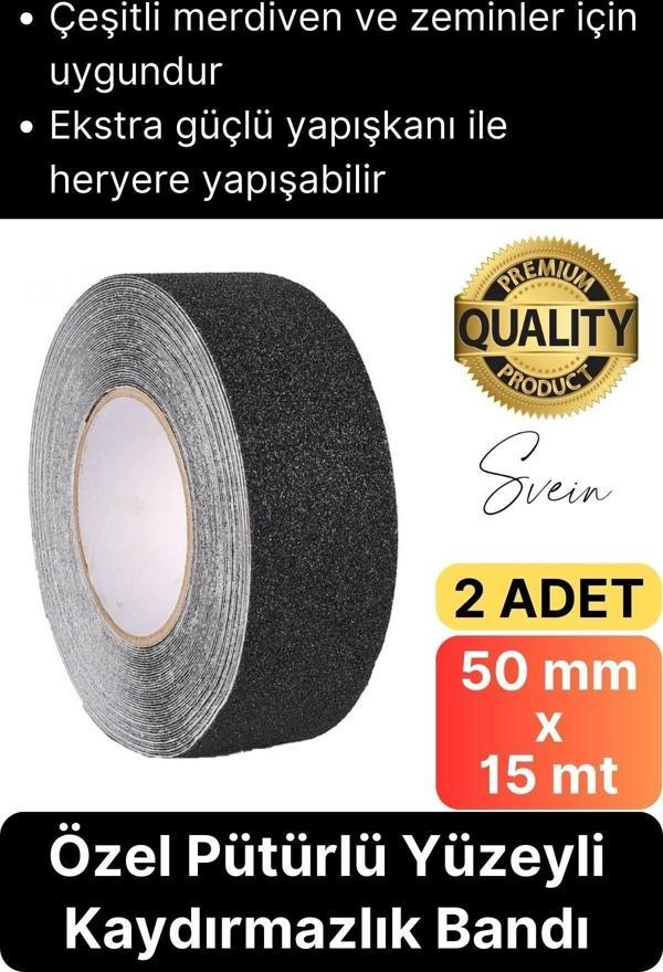 Premium 2 Adet 50mm x 15mt Siyah Kaydırmaz Bant Yapışkanlı Merdiven Basamak Zemin Güçlü Tutunabilen - Image 1