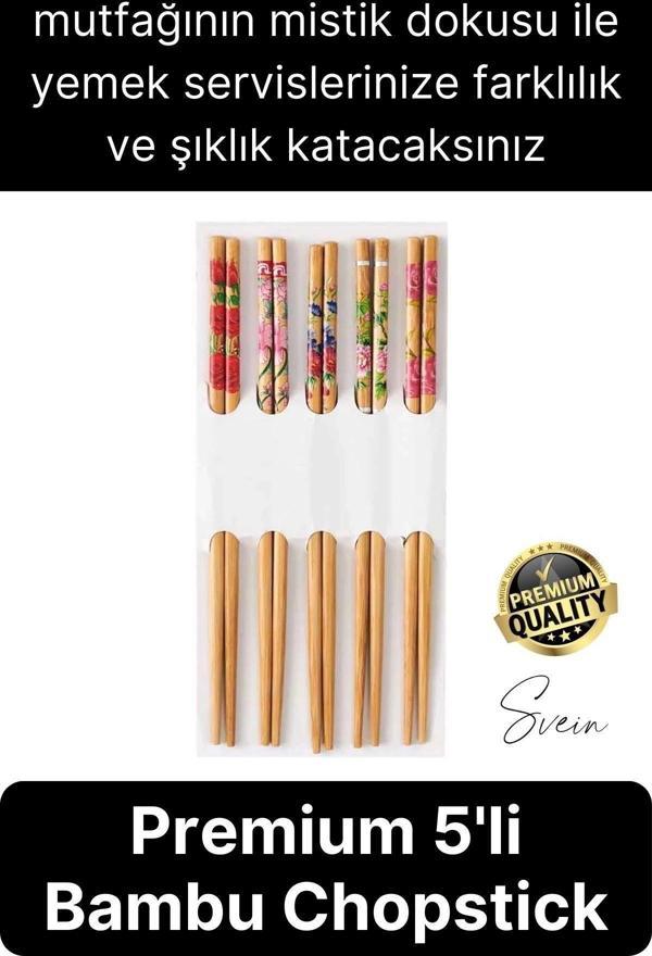 Premium Bambu 5'li Kaymaz Yıkanabilir Desenli Çin Yemek Çubuğu Uzakdoğu Asya Mutfağı Chopstick Set - Image 1