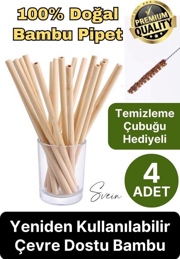 Özel Üretim Bambu 4 Adet Doğal Sağlıklı Yeniden Kullanılabilir Yıkanabilir Çevre Dostu Pipet Kamış - Image 1