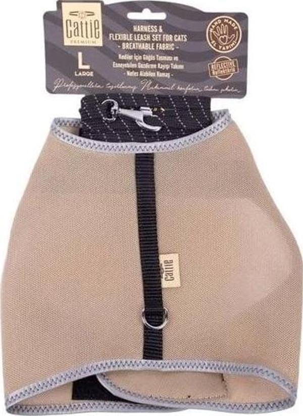 Cattie Havalı Dokuma Kedi Göğüs ve Gezdirme Takımı Large Bej 1.5x30-40 Cm - Image 1