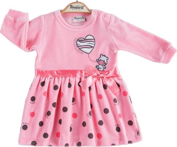 MiniWorld Kız Bebek Kurdele Detaylı Pembe Kadife Elbise 16428 - Image 1