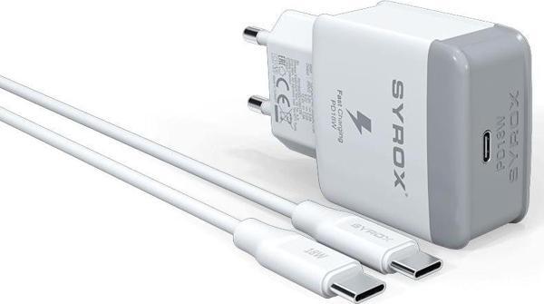 Syrox PD18T 3.0A 18W PD 1mt Type-C - Type-C Kablolu 1xType-C Port Çıkışlı Şarj Cihazı - Beyaz - Image 1