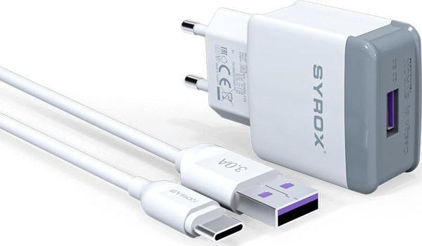 Syrox Q32 3.0A 18W 1mt USB-A - Type-C Kablolu 1xUSB-A Port Çıkışlı Şarj Cihazı - Beyaz - Image 1