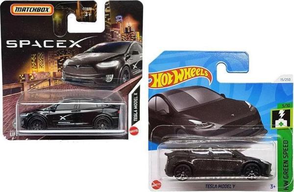 2 Araç Siyah Tesla Set - Hot Wheels Model Y & Matchbox Model X (1/64) SpaceX - Image 1