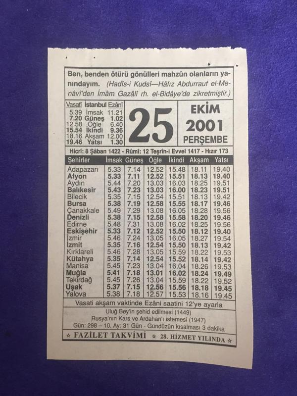 25 Ekim 2001 Takvim Yaprağı - Nostalji Koleksiyonluk Takvim Yaprağı - Image 1