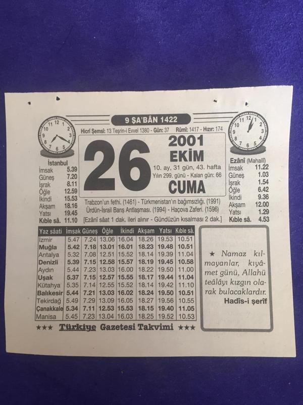 26 Ekim 2001 Takvim Yaprağı - Nostalji Koleksiyonluk Takvim Yaprağı B - Image 1
