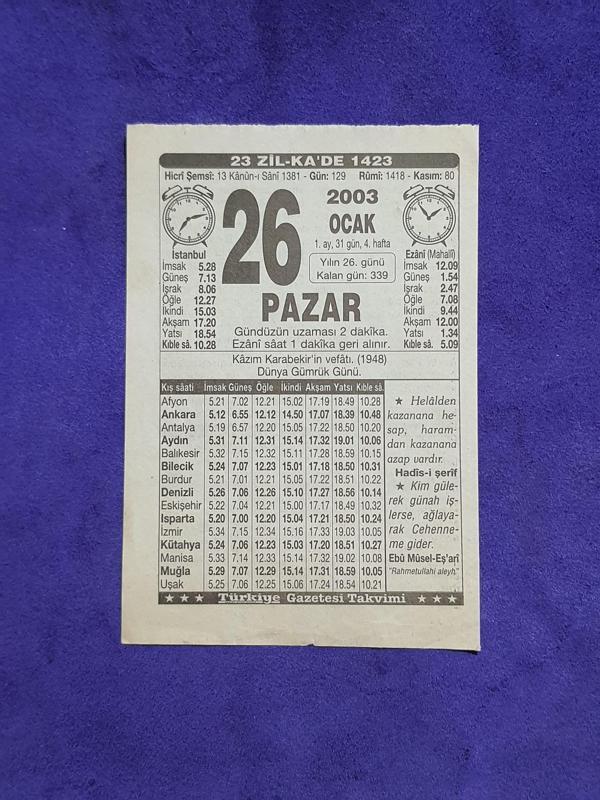 26 Ocak 2003 Takvim Yaprağı - Nostaljik Koleksiyonluk Takvim Yaprağı - Image 1