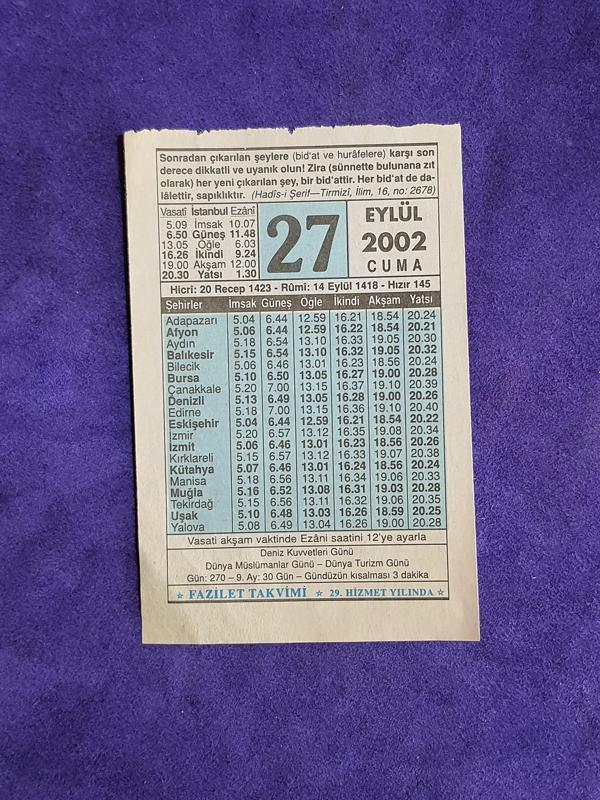 27 Eylül 2002 Takvim Yaprağı - Nostalji Koleksiyonluk Takvim Yaprağı  - Image 1
