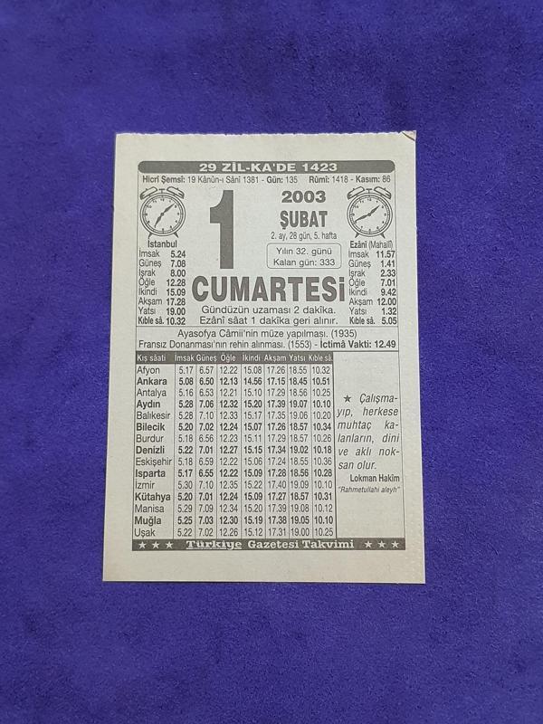 1 Şubat 2003 Takvim Yaprağı - Nostaljik Koleksiyonluk Takvim Yaprağı - Image 1