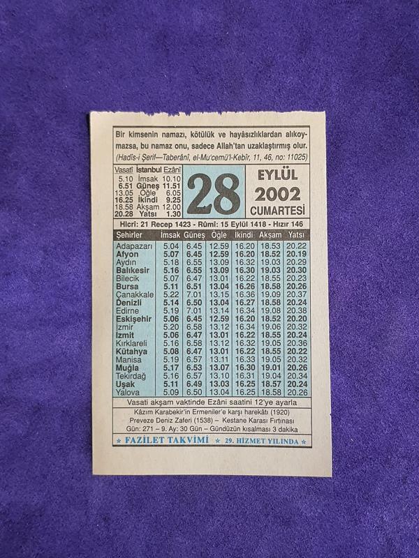 28 Eylül 2002 Takvim Yaprağı - Nostalji Koleksiyonluk Takvim Yaprağı  - Image 1