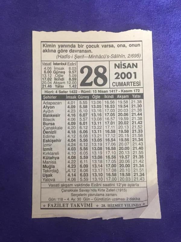 28 Nisan 2001 Takvim Yaprağı - Nostalji Koleksiyonluk Takvim Yaprağı - Image 1