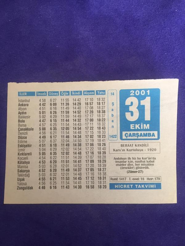 31 Ekim 2001 Takvim Yaprağı - Nostalji Koleksiyonluk Takvim Yaprağı B - Image 1