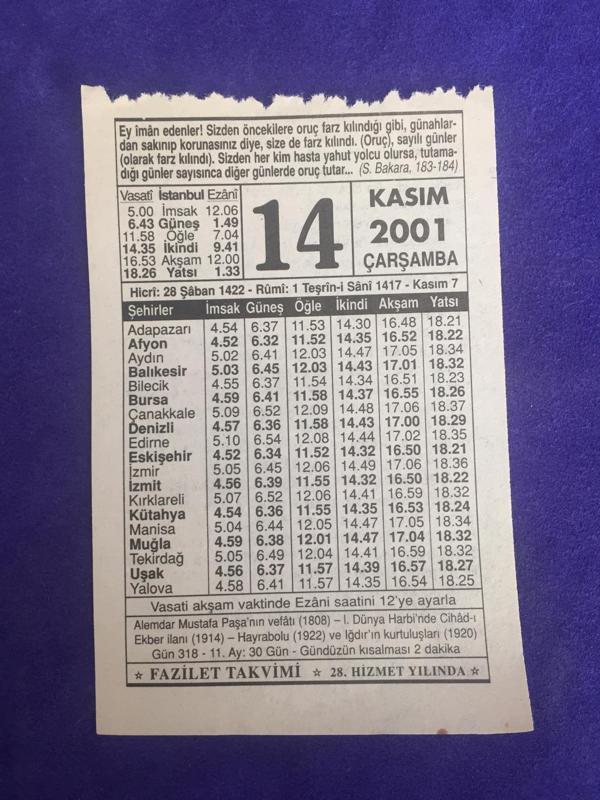 14 Kasım 2001 Takvim Yaprağı - Nostalji Koleksiyonluk Takvim Yaprağı - Image 1