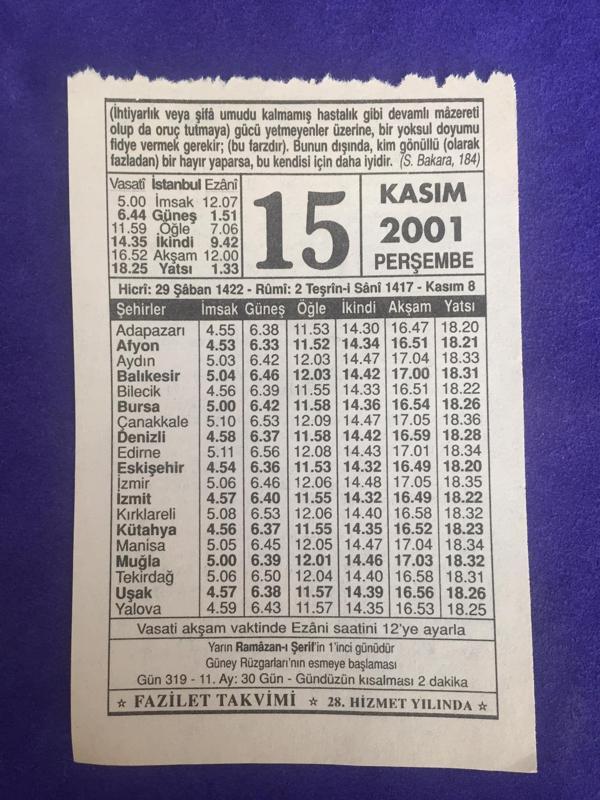 15 Kasım 2001 Takvim Yaprağı - Nostalji Koleksiyonluk Takvim Yaprağı - Image 1