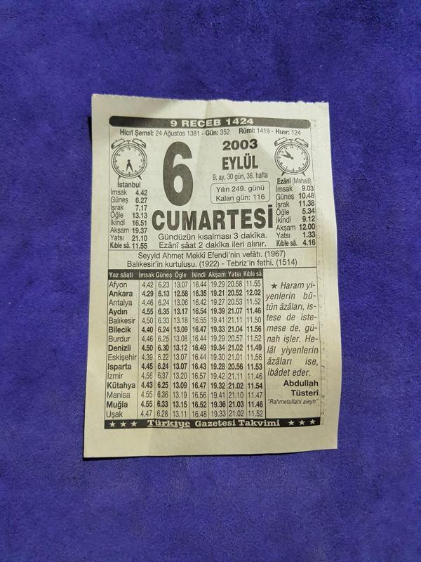 6 Eylül 2003 Takvim Yaprağı - Nostaljik Koleksiyonluk Takvim Yaprağı - Image 1