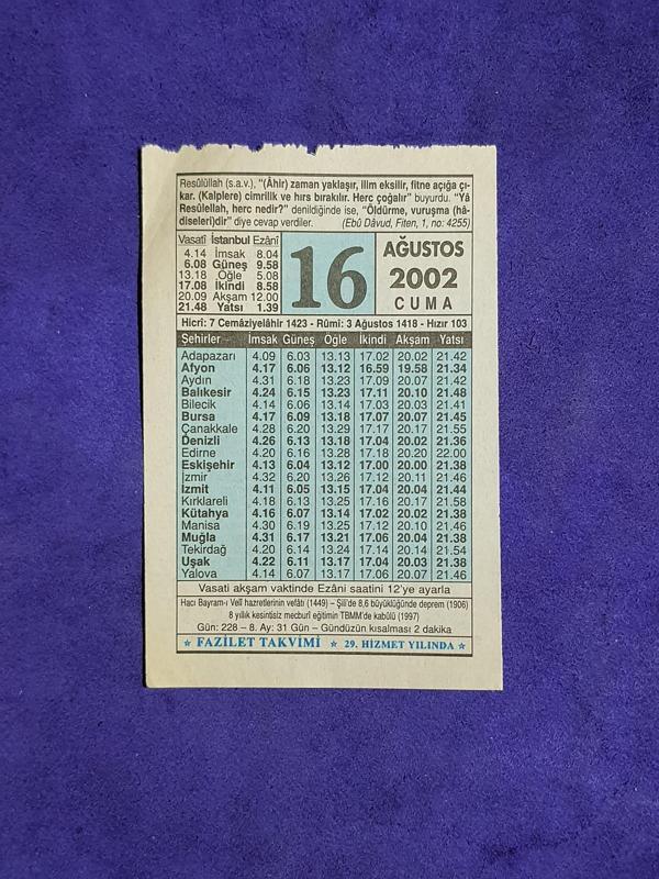 16 Ağustos 2002 Takvim Yaprağı - Nostalji Koleksiyonluk Takvim Yaprağı - Image 1
