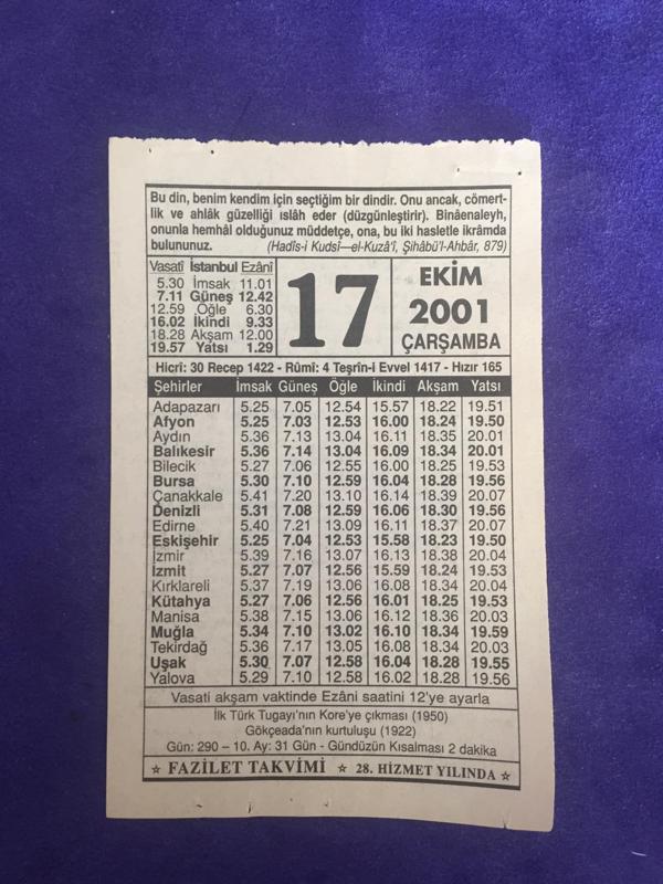 17 Ekim 2001 Takvim Yaprağı - Nostalji Koleksiyonluk Takvim Yaprağı - Image 1