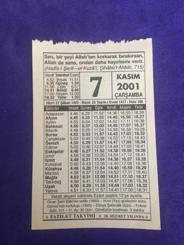 7 Kasım 2001 Takvim Yaprağı - Nostalji Koleksiyonluk Takvim Yaprağı - Image 1