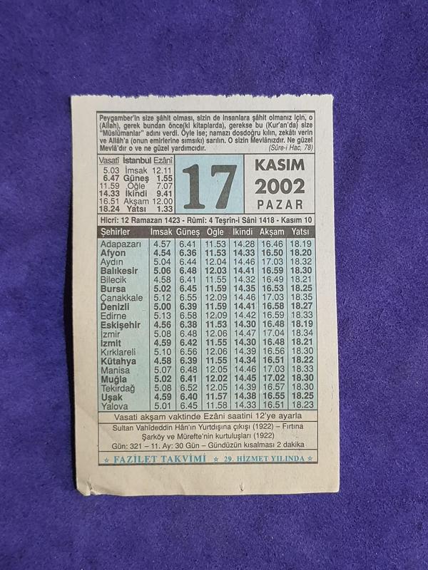 17 Kasım 2002 Takvim Yaprağı - Nostalji Koleksiyonluk Takvim Yaprağı - Image 1