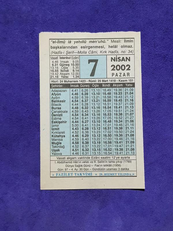 7 Nisan 2002 Takvim Yaprağı - Nostalji Koleksiyonluk Takvim Yaprağı A - Image 1