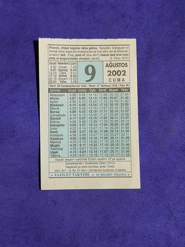 9 Ağustos 2002 Takvim Yaprağı - Nostalji Koleksiyonluk Takvim Yaprağı - Image 1