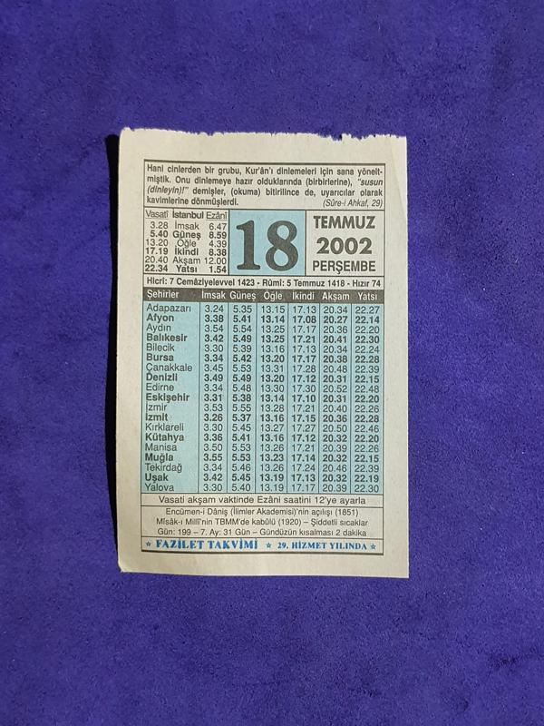 18 Temmuz 2002 Takvim Yaprağı - Nostalji Koleksiyonluk Takvim Yaprağı - Image 1