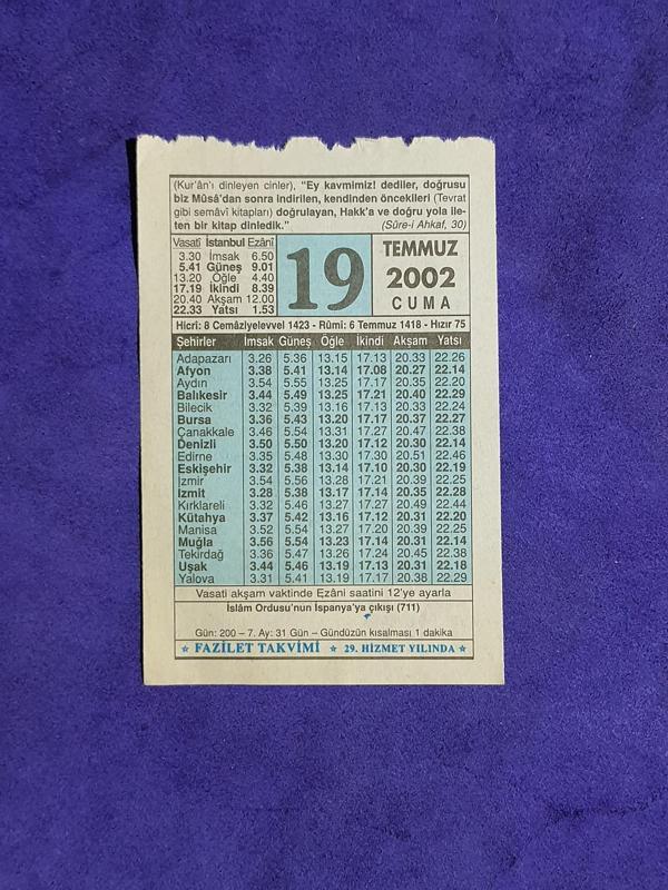 19 Temmuz 2002 Takvim Yaprağı - Nostalji Koleksiyonluk Takvim Yaprağı - Image 1