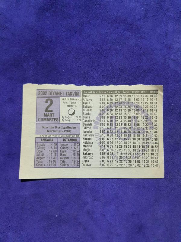2 Mart 2002 Takvim Yaprağı - Nostalji Koleksiyonluk Takvim Yaprağı - Image 1