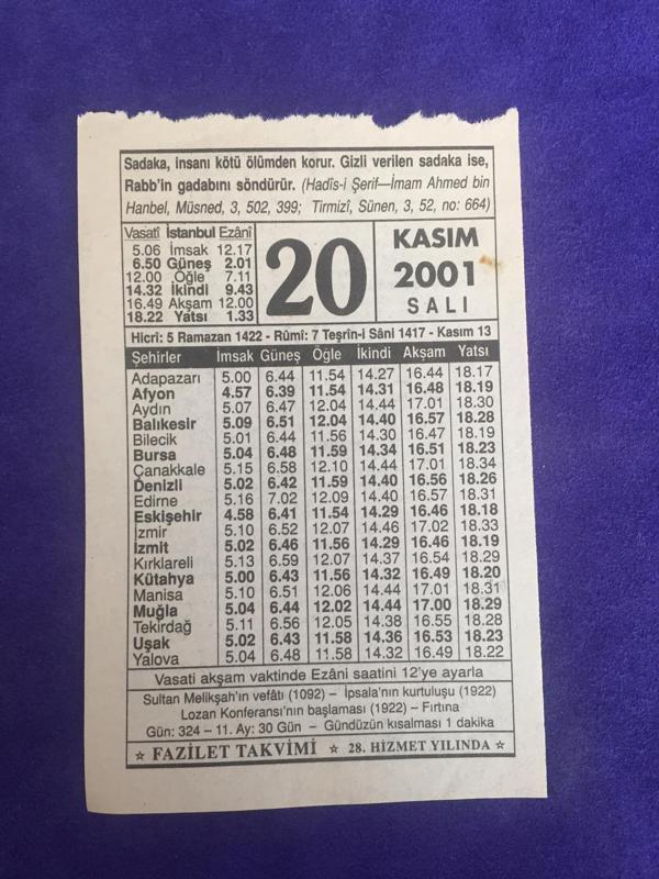 20 Kasım 2001 Takvim Yaprağı - Nostalji Koleksiyonluk Takvim Yaprağı - Image 1