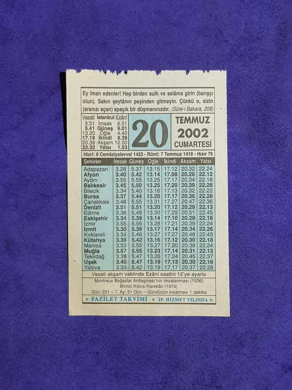 20 Temmuz 2002 Takvim Yaprağı - Nostalji Koleksiyonluk Takvim Yaprağı - Image 1